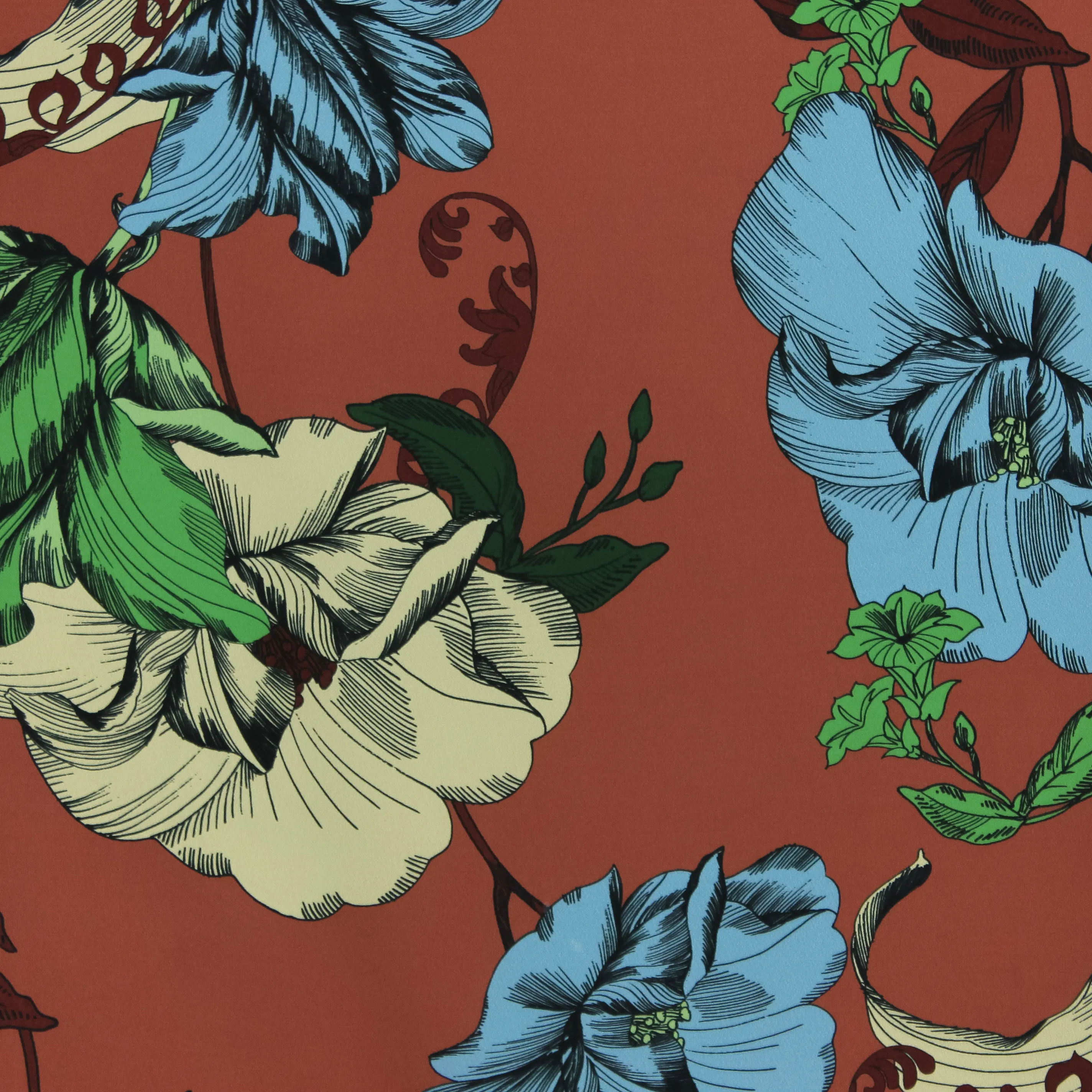 Polyester crêpe rood met bloemen